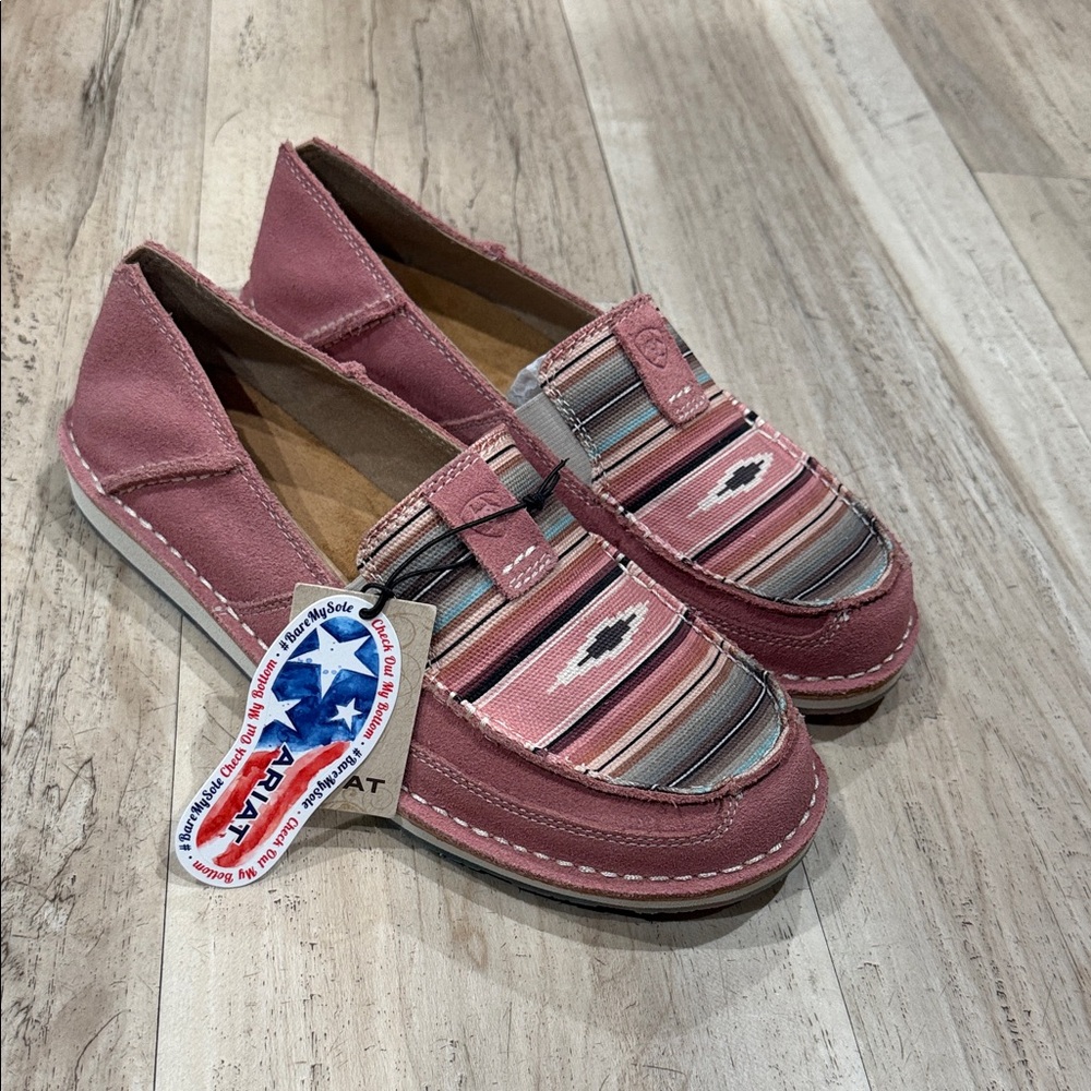 Ariat Rose Pink Suede Slip-On Loafers with Southwestern Stripe